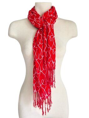 Hallmark Red with White scribbles Long Scarf Knotted Fringe 74" x 12.75"
